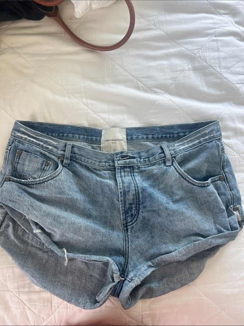 One Teaspoon Light Blue High-Rise Rolled Denim Shorts